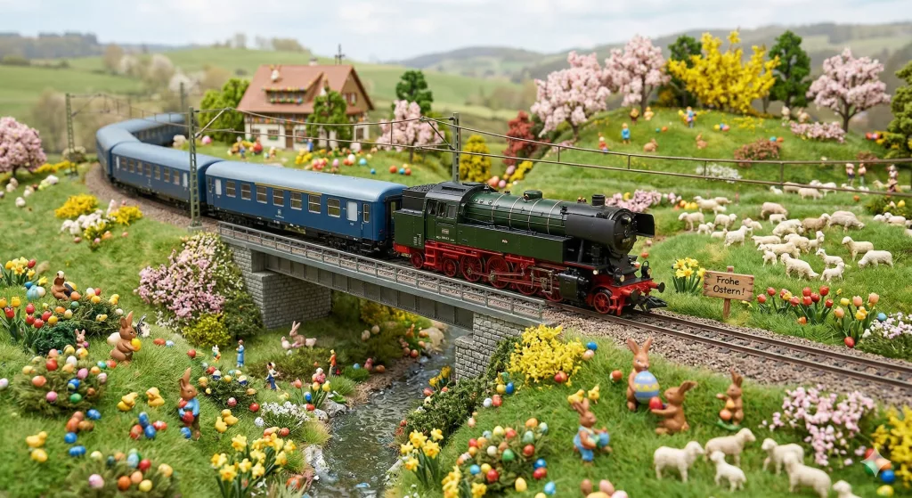 Modelleisenbahn in einer Osterlandschaft