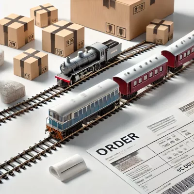 2 Lokomotiven auf Schienen inmitten von Kartons